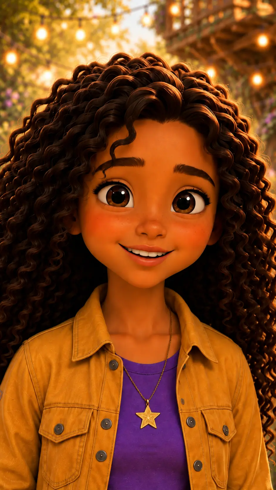 Ana, a nine-year-old girl with warm golden-brown skin, long dark curly hair and a purple jacket