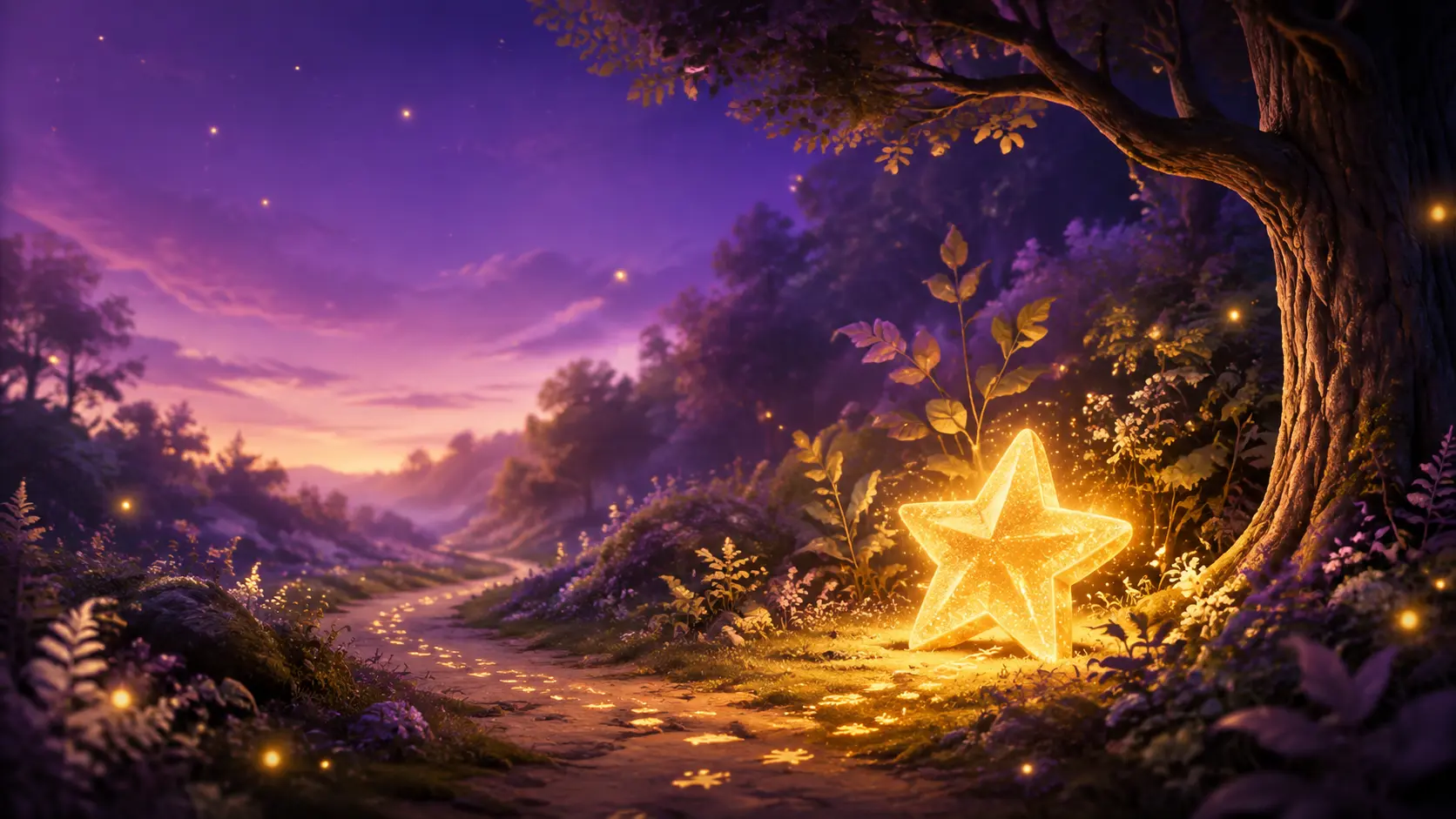 A glowing golden star in an enchanted purple forest.