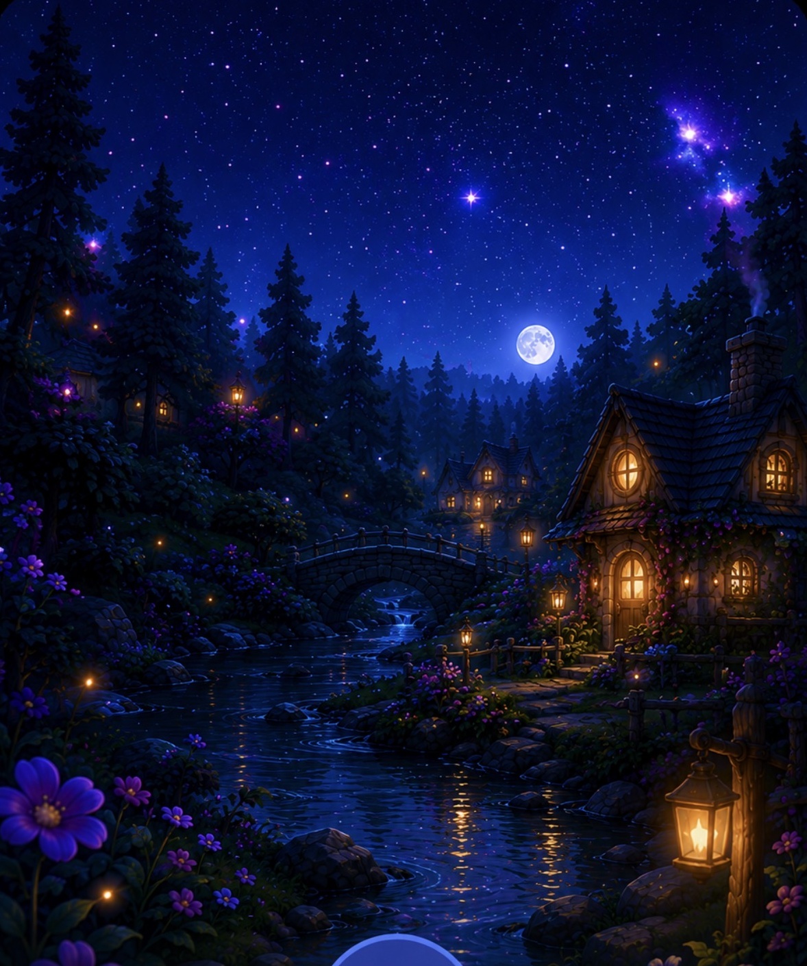 A moonlit creek with a stone bridge, cosy lantern-lit cottages and a star-filled night sky